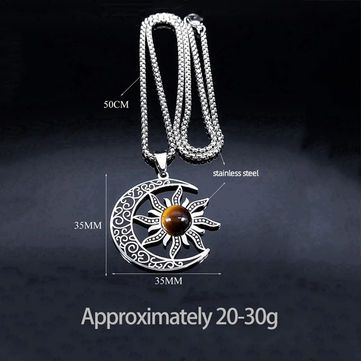 Vintage Stainless Steel Sun Moon Pendant Gemstone Necklace Celestial Jewelry Spiritual Protection Gift for Men & Women