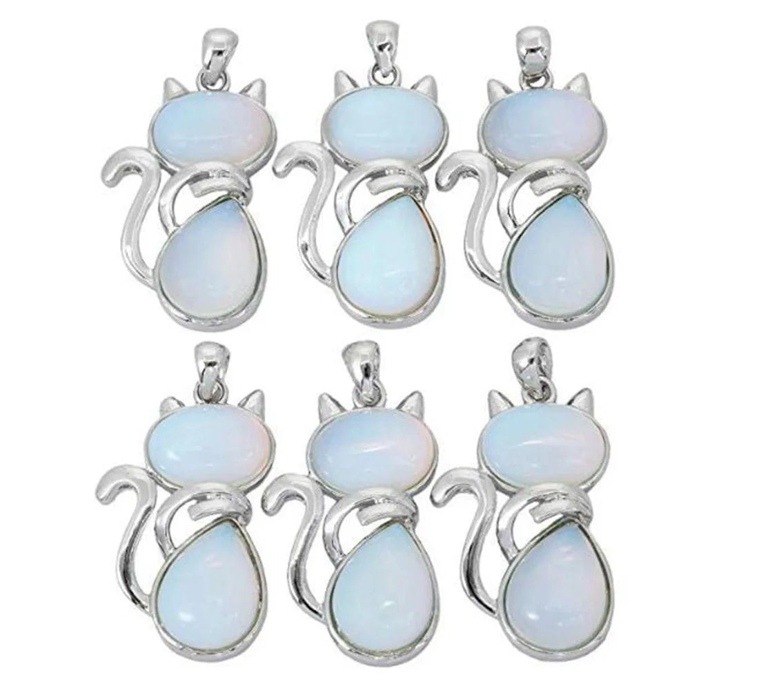 Natural Gemstone Cat Pendant Silver‑Tone Alloy Animal Charm Double Teardrop Inlaid Crystal Stone 22×40mm Chakra Reiki Healing Pendant for DIY Necklace Jewelry Making Bulk