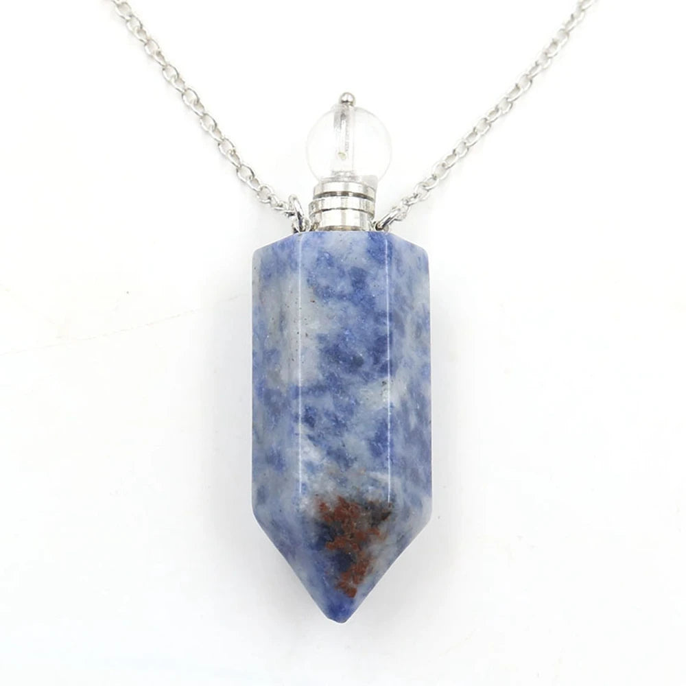 Natural Crystal Point Essential Oil Diffuser Necklace, Aromatherapy Gemstone Perfume Bottle Pendant Necklace Unisex Healing Crystal Jewelry for Men Women