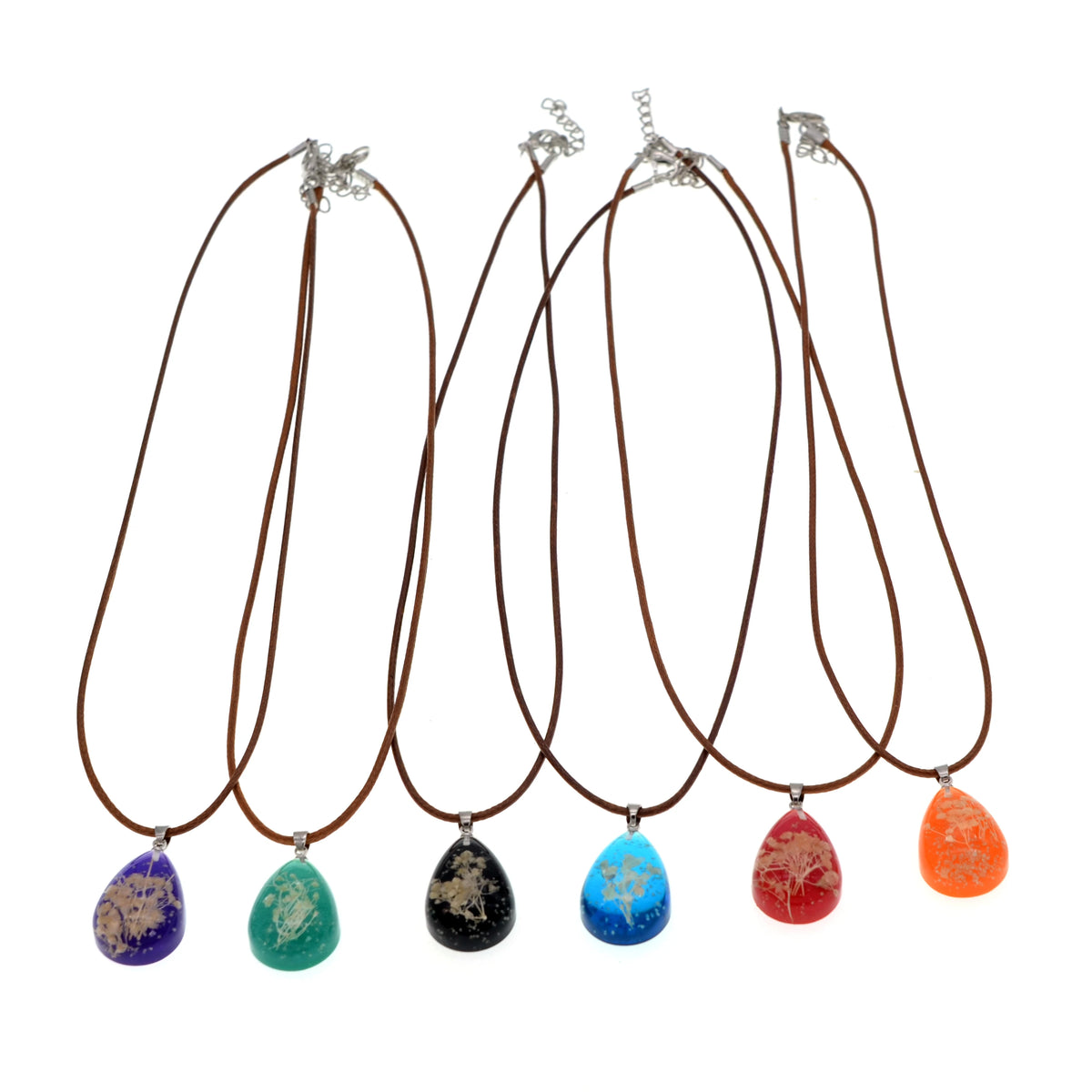 Vintage Bohemian Resin Teardrop Necklace with Embedded Real Dried Flower, Brown Faux Leather Cord Pendant Necklace for Daily Wear