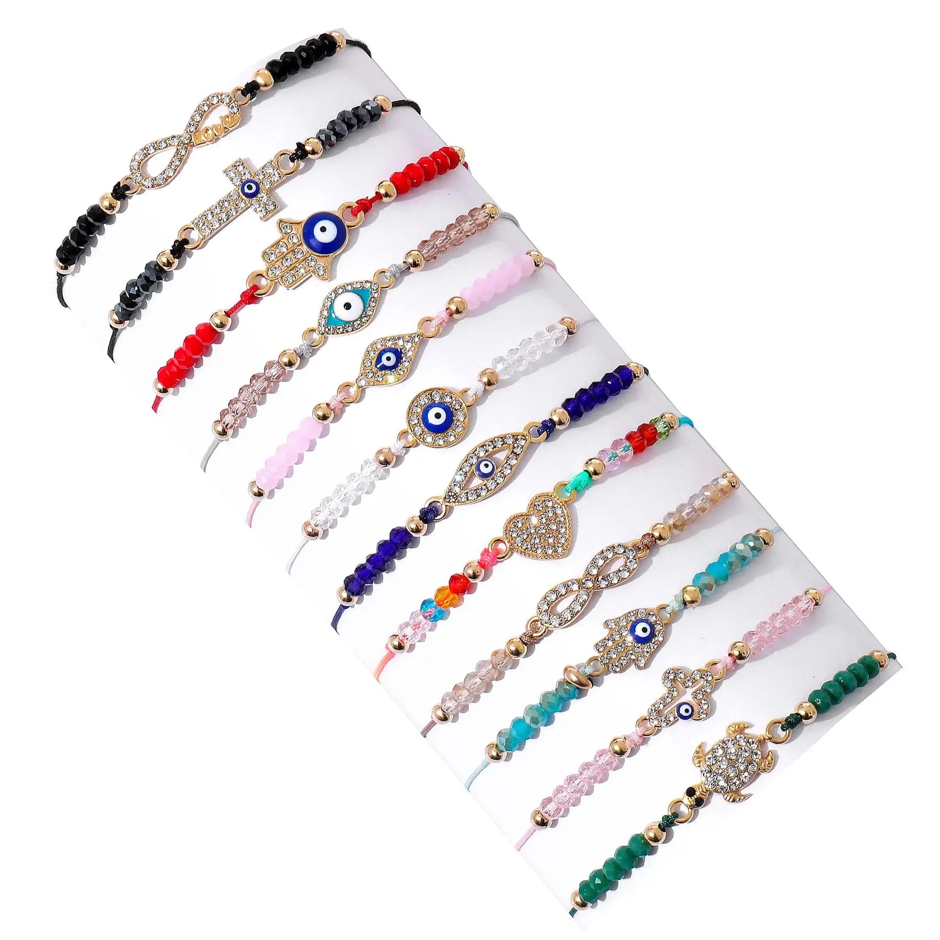 12Pcs Evil Eye Beaded Bracelet Set for Women Mixed Rhinestone Turtle Cross Heart Fatima Hand Adjustable Rope Bracelets Turkish Protection Stackable Bracelets
