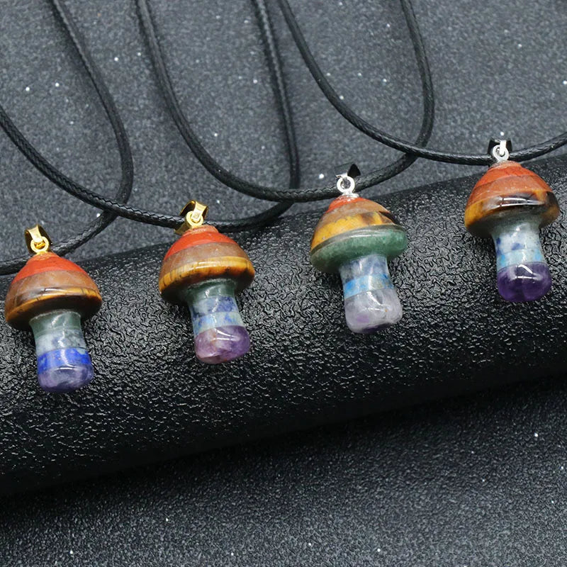15×20mm Natural Crystal Mushroom Pendant Necklace, Mini Gemstone Chakra Healing Jewelry