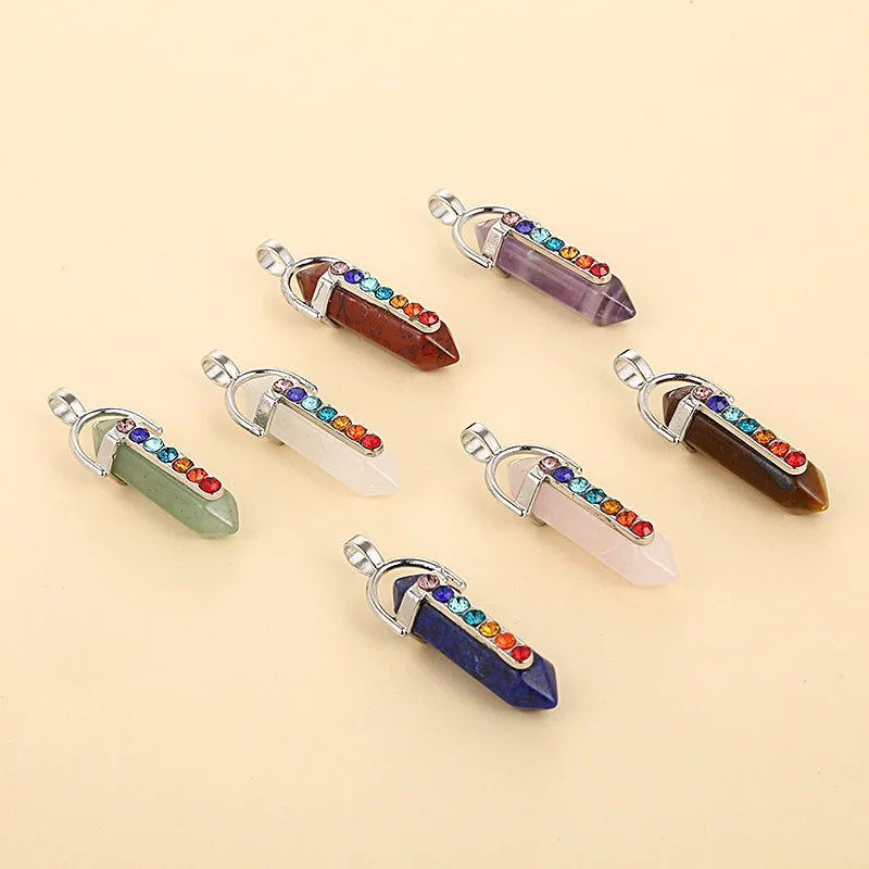 7 Chakra Crystal Point Pendant | Natural Gemstone Hexagonal Wand Necklace for Reiki & Spiritual Jewelry