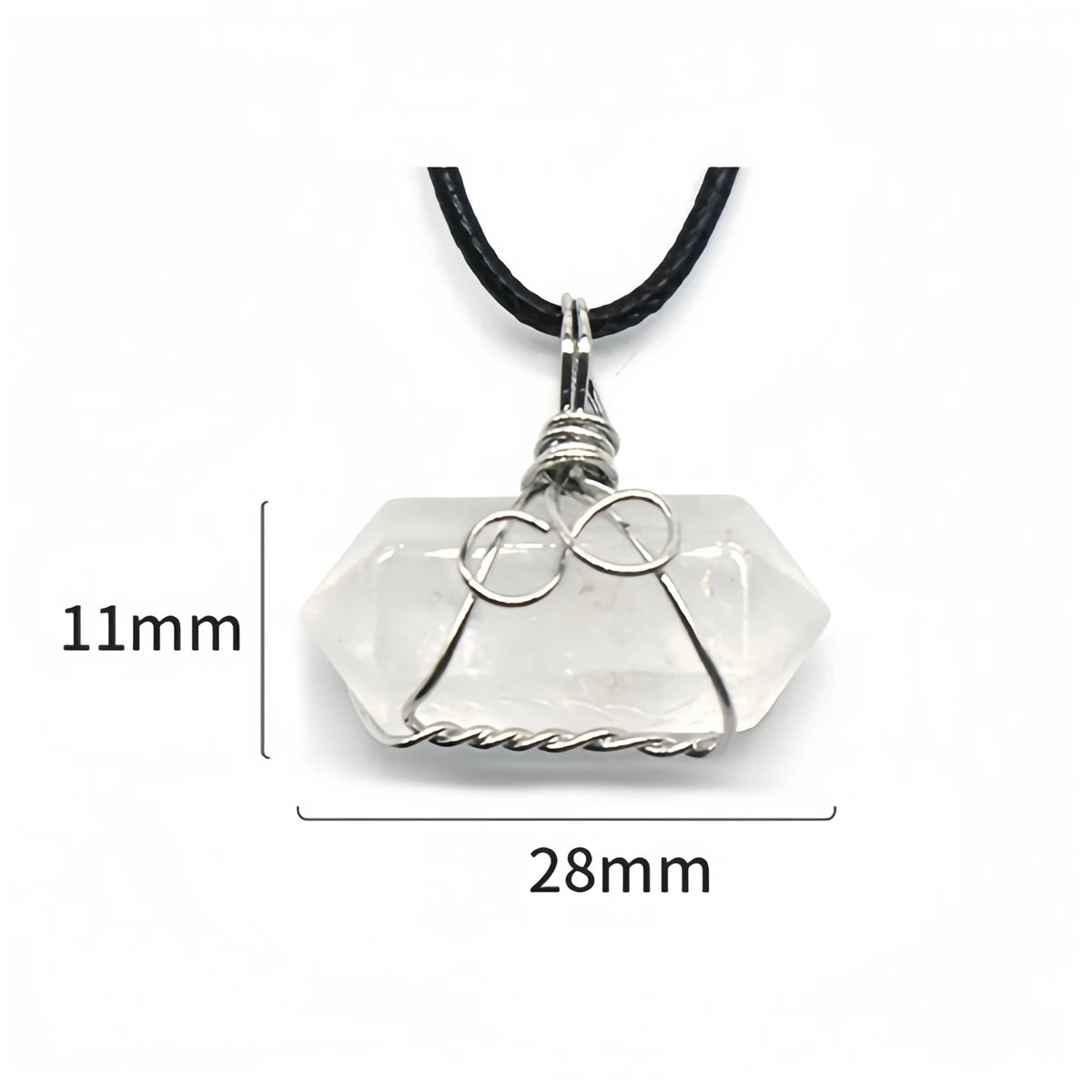 28×11mm Wire-Wrapped Clear Quartz Double Terminated Crystal Pendant Necklace with Black Cord