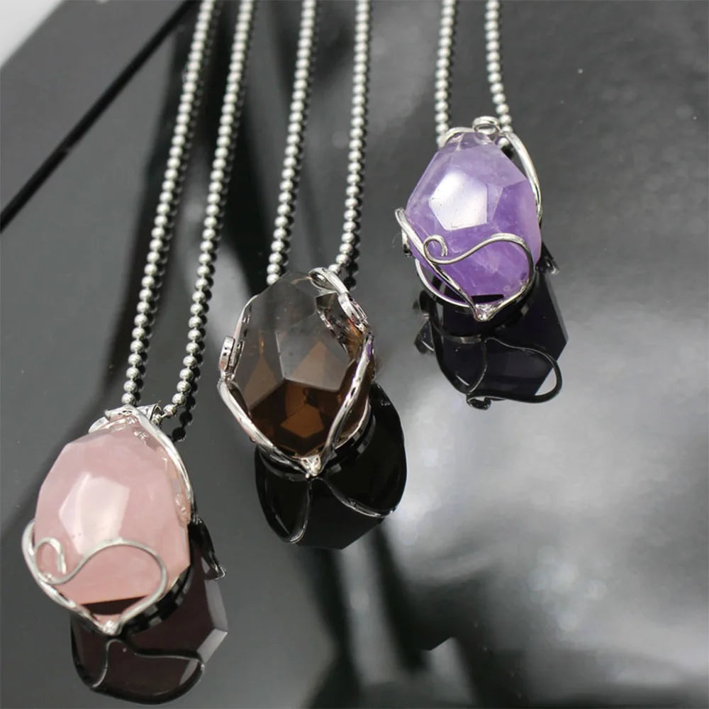 Wire‑Wrapped Irregular Faceted Natural Crystal Pendant, Silver Plated Raw Gemstone Necklace Charm, Healing Crystal Stone Jewelry for Women Gift