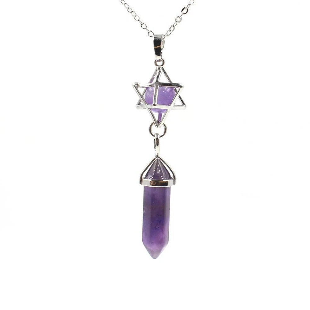 Natural Amethyst Crystal Quartz Merkaba Star Stone Chakra Pendant Necklace Hexagonal Pointed Energy Reiki Healing