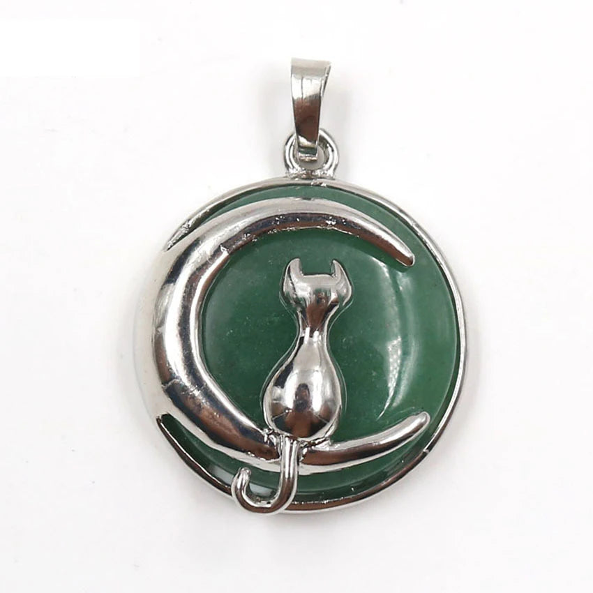 Round Natural Gemstone Pendant Silver Tone Crescent Moon Cat Crystal Charm for DIY Jewelry Making Necklace Craft Supplies