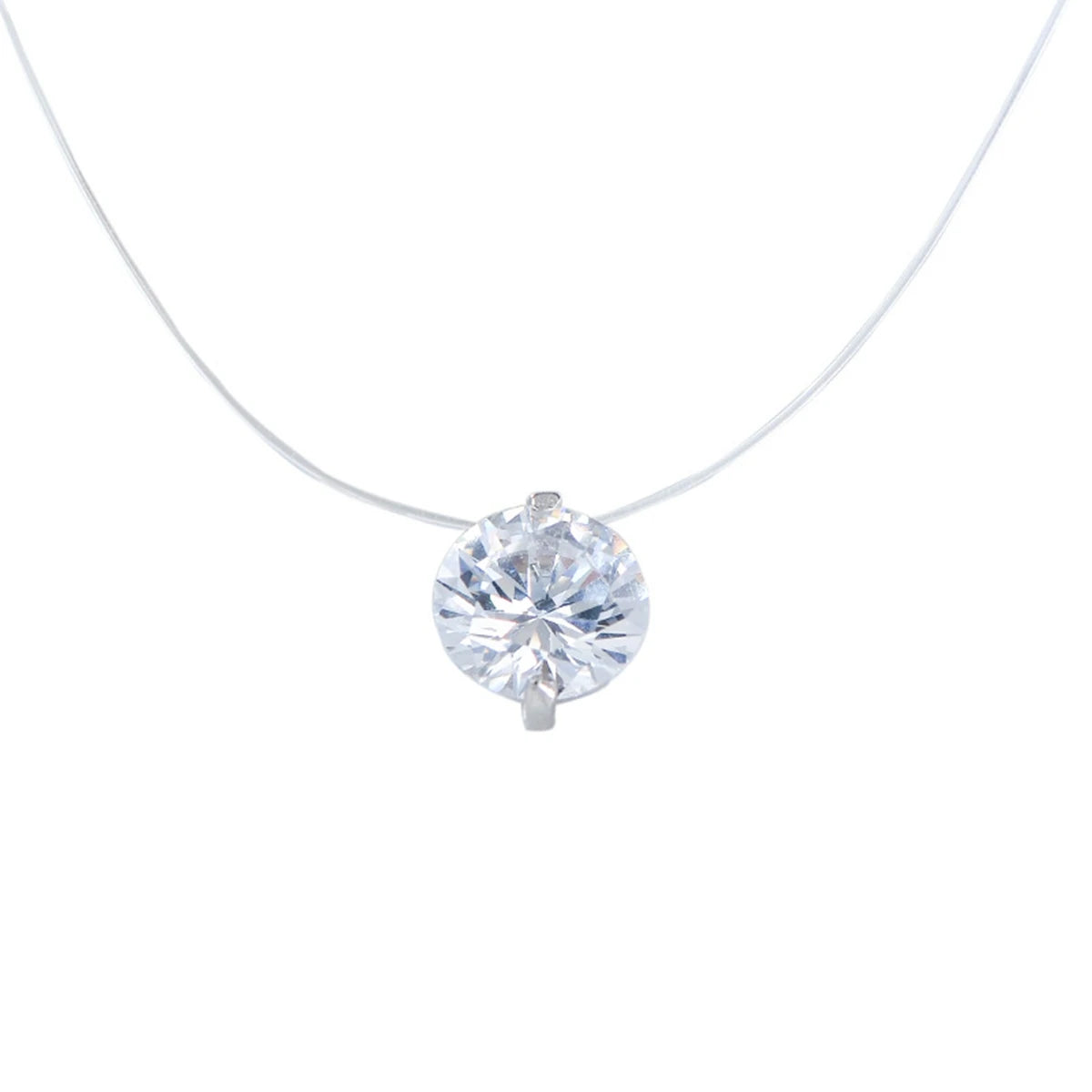 925 Sterling Silver Mermaid Tears Necklace, Invisible Transparent Fishing Line Solitaire Choker, Floating Brilliant Cut Cubic Zirconia Minimalist Chain for Women