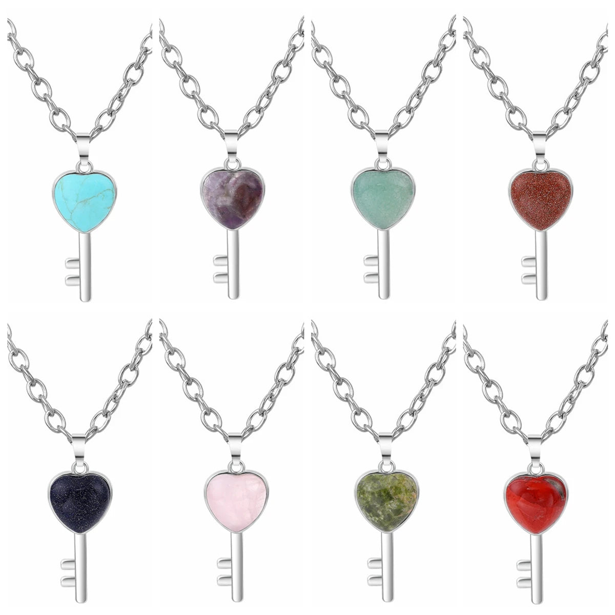 Heart Key Natural Crystal Pendant Necklace Silver Alloy Love Lock Gemstone Chakra Healing Necklace for Women Gift