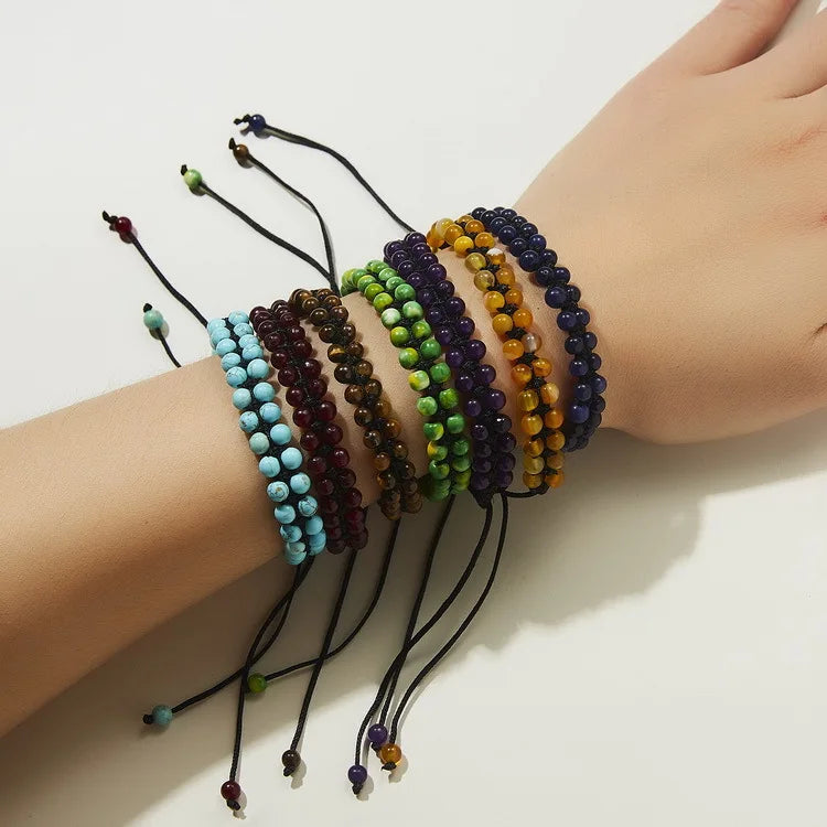 Tiny Mini Natural Stone Beaded Sliding Knot Bracelet, Adjustable Braided Cord Stackable Layering Bracelet for Women Boho Daily Jewelry