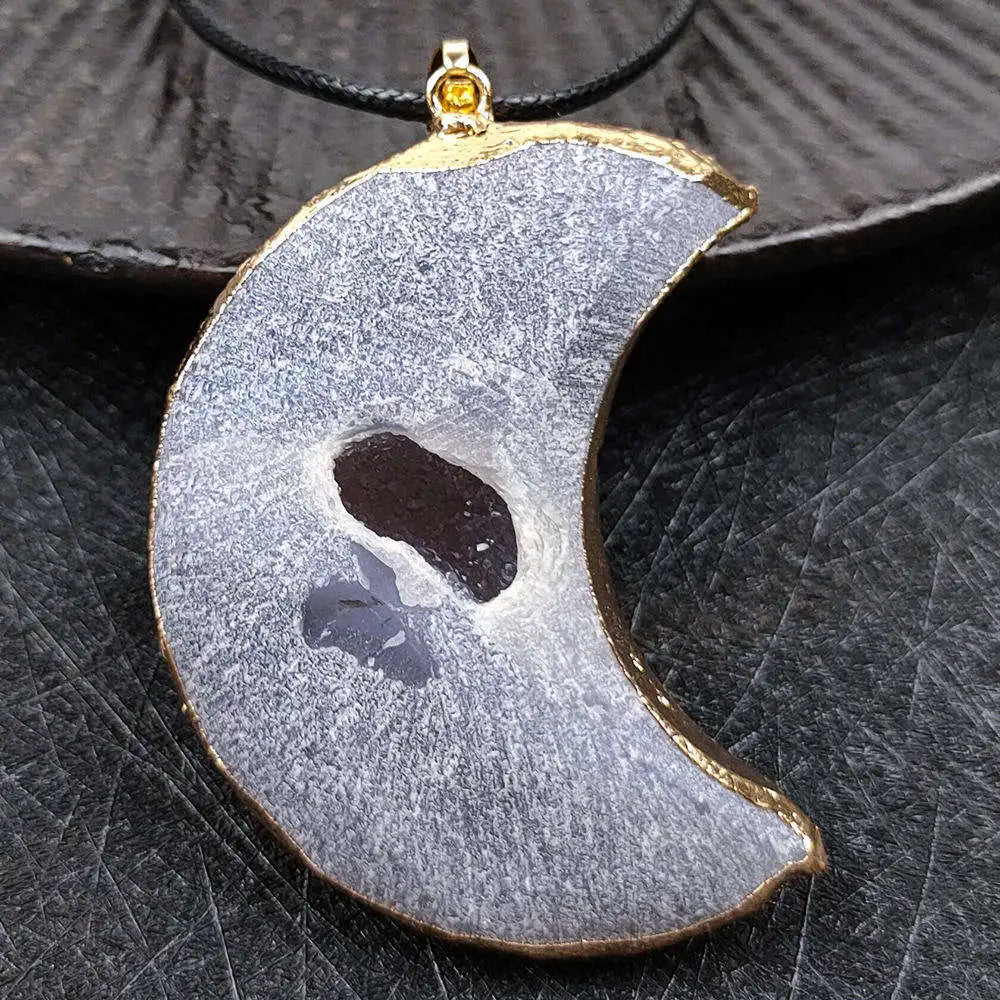 Raw Ice Quartz Geode Moon Pendant | Gold Electroplated Border Druzy Stone for Handmade Earring & Necklace Supply