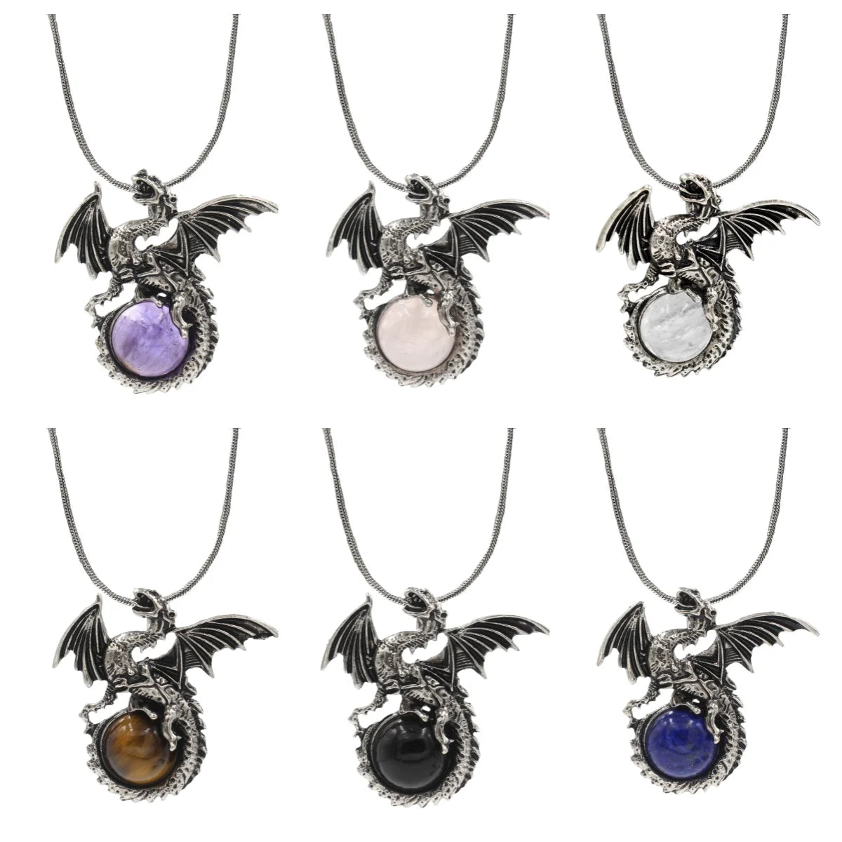 Epic Fantasy Dragon Orb Necklace Set - Punk Rock Biker Winged Dragon Guardian Crystal Pendant with 45cm Snake Chain