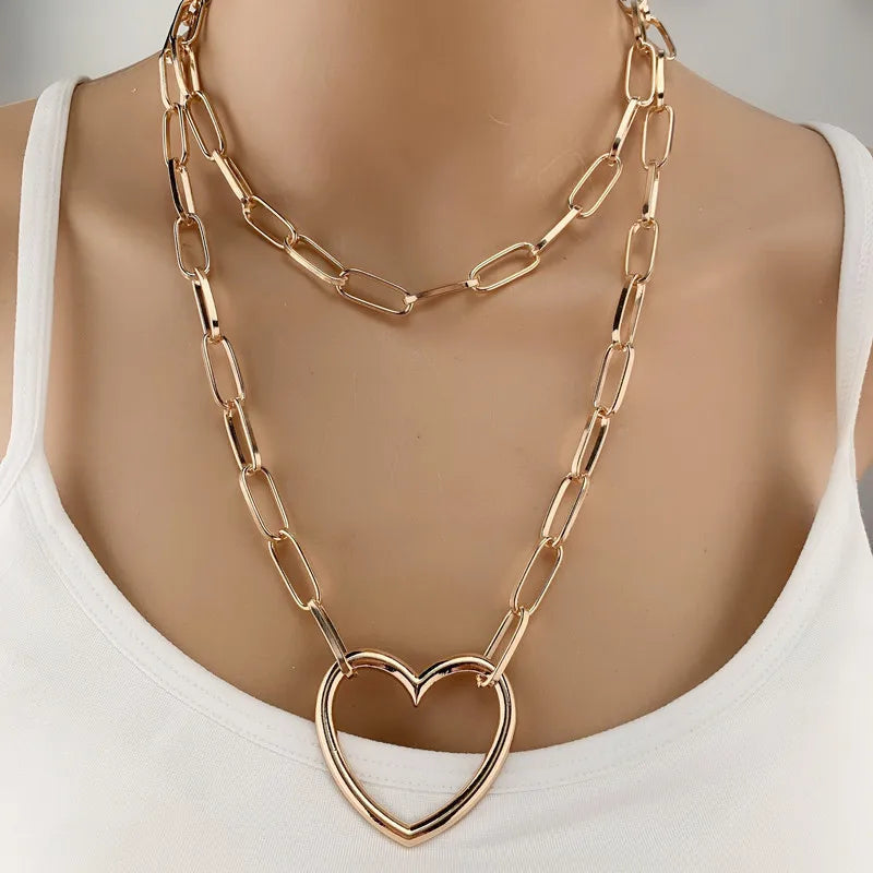 Boho Punk Multilayered Necklace Set Chunky Gold Silver Paperclip Chain Choker Hip Hop Heart Padlock Coin Pendant Statement Jewelry