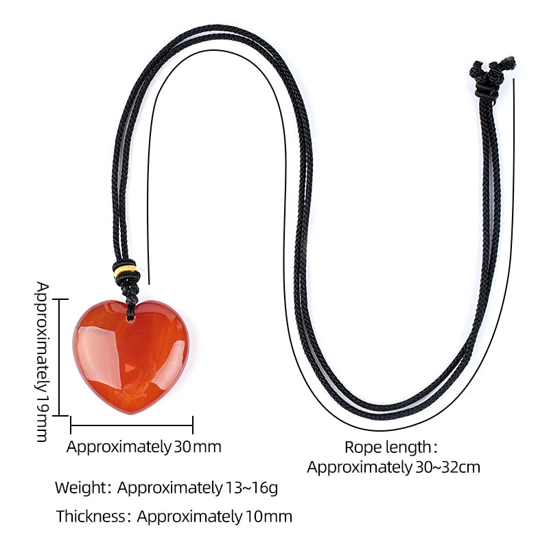 30mm Gemstone Heart Pendant Necklace Handcrafted Crystal Love Charm on Adjustable Cord Healing Stone Jewelry Gift for Her, Him & Couples
