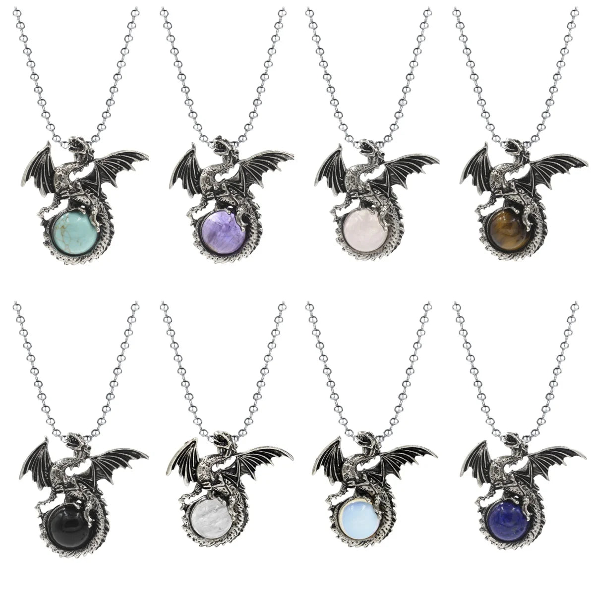 Punk Rock Biker Dragon Orb Necklace Set - Heavy Metal Bead Chain Winged Dragon Guardian Crystal Pendant Gift for Men Women