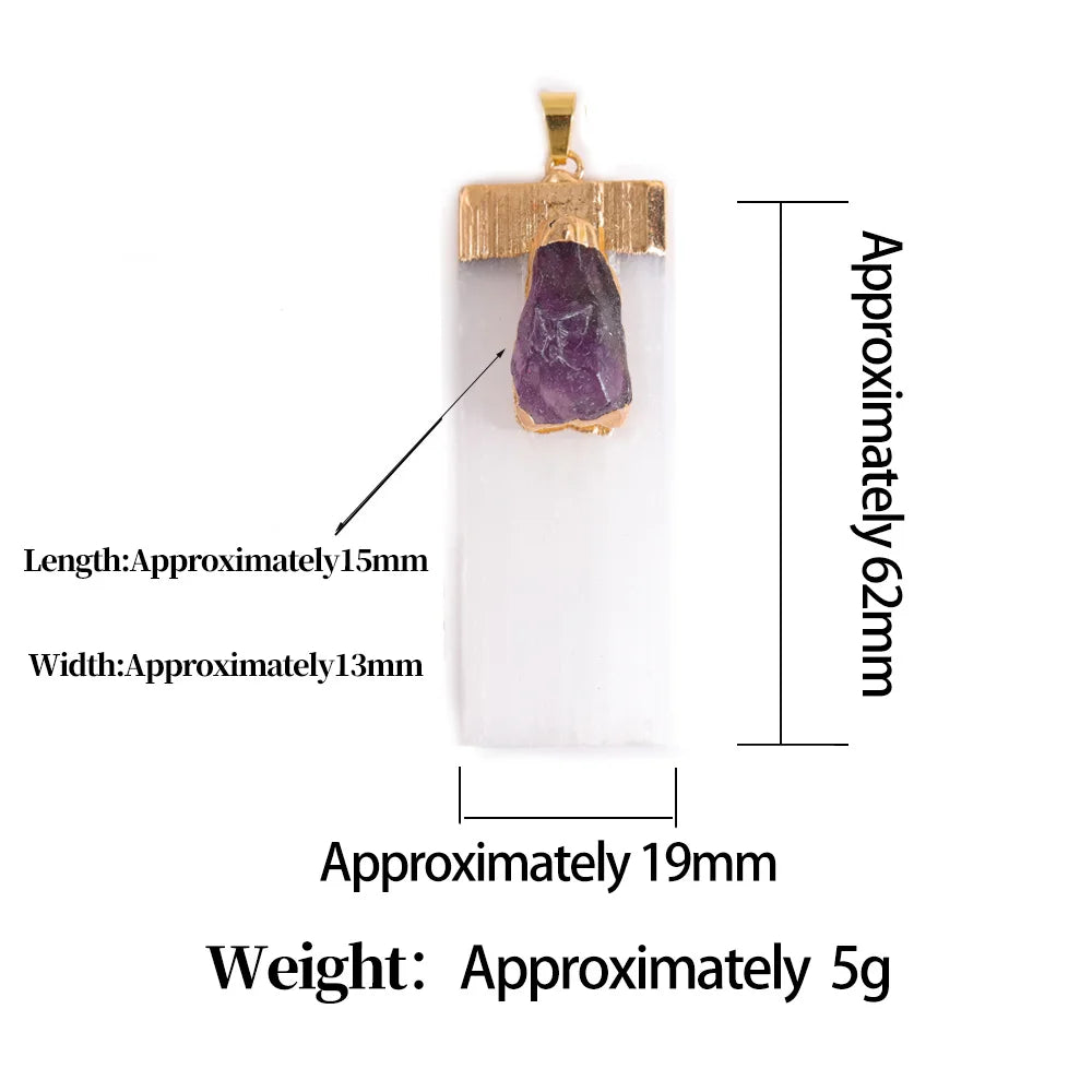 Natural Selenite & Raw Amethyst Pendant | Gold Plated Gypsum Strip Charm for Unisex Crystal Jewelry