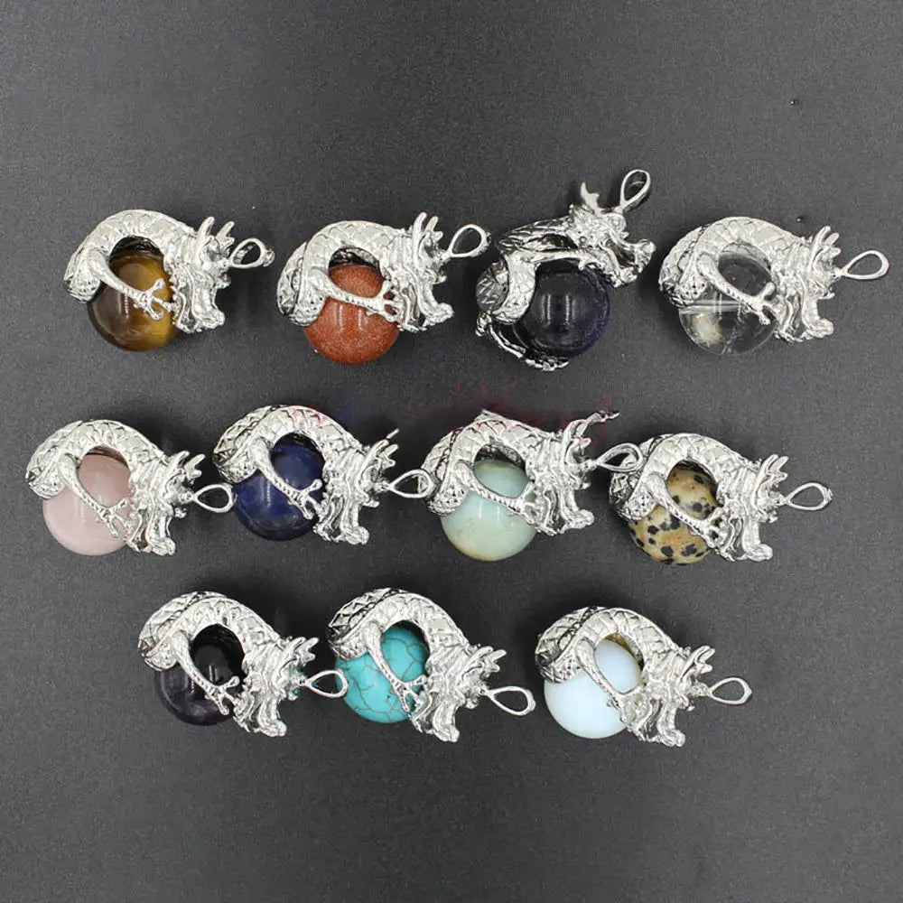 Silver Dragon Turquoise Gemstone Balls Pendant Necklace Gold Plated Chakra Reiki Healing Sphere Wedding Reiki Practice Women Men