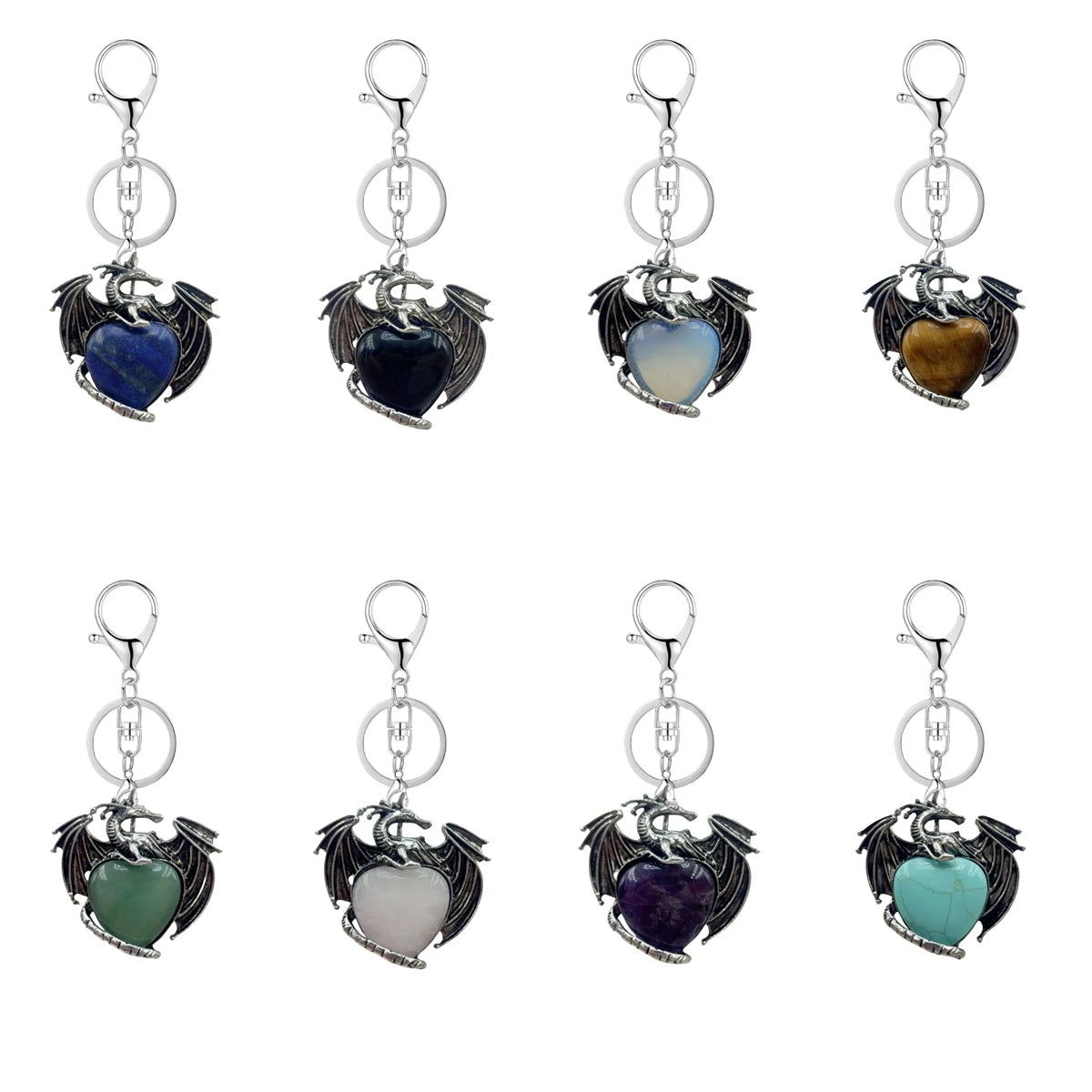 Vintage Silver Dragon Heart Crystal Keyring | Natural Stone Healing Quartz Pterosaur Charm Keychain for Purse, Backpack, Car Keys