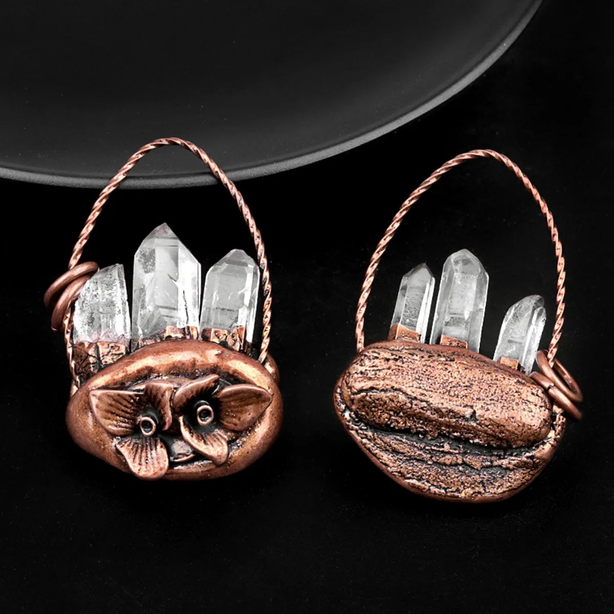 35-50mm Vintage Copper Tribal Face Pendant with Clear Crystal Points | Retro Natural Stone Necklace