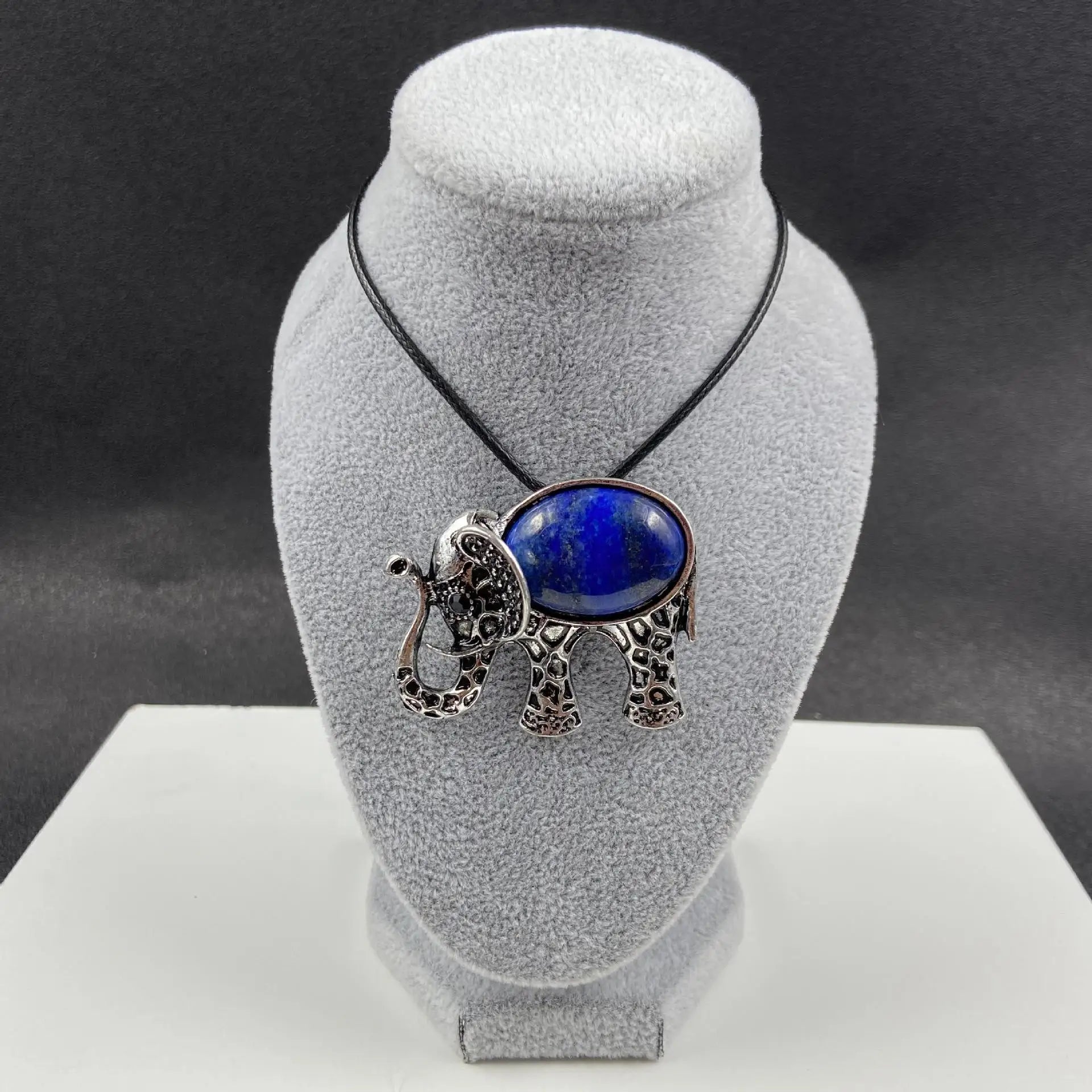 Antique Silver Filigree Elephant Pendant Necklace, Inlaid Natural Chakra Crystal Gem Animal Totem Jewelry with 18 Inch Black Wax Cord for Lucky Gift