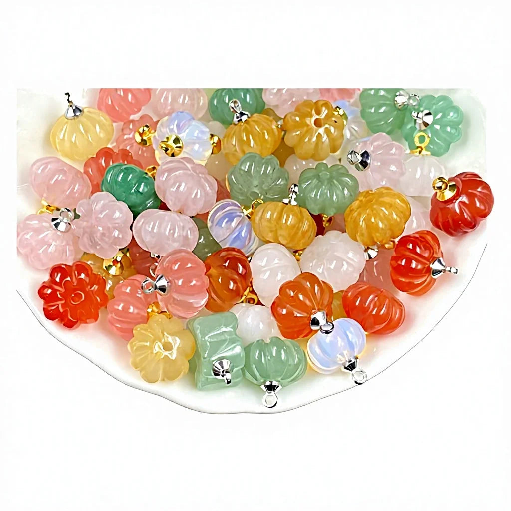 Cute Gemstone Pumpkin Crystal Charm Pendant Pack Carved Mini Natural Stone Flower Beads with Iron Bail for DIY Necklaces Bracelets Earring Making