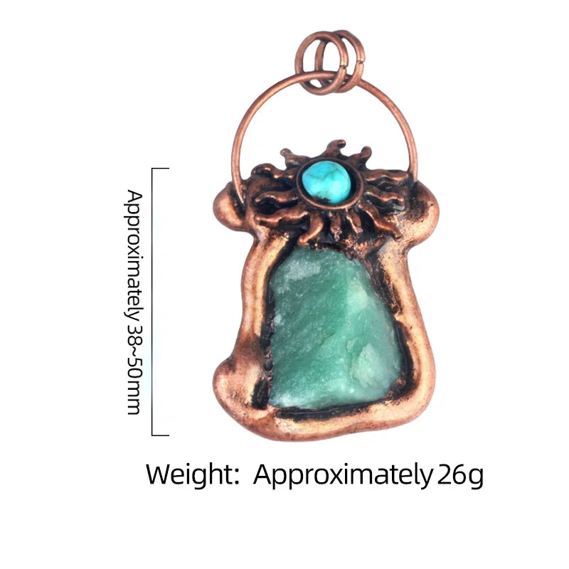 38-50mm Vintage Copper Sun Pendant with Natural Raw Crystal & Turquoise Accent