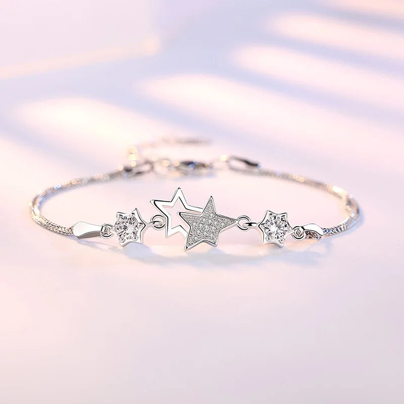 S925 Silver Double Star Charm Bracelet for Women, Micro Paved CZ Zircon Crystal Box Chain Adjustable Bracelet, Elegant Ladies Fashion Jewelry Gift