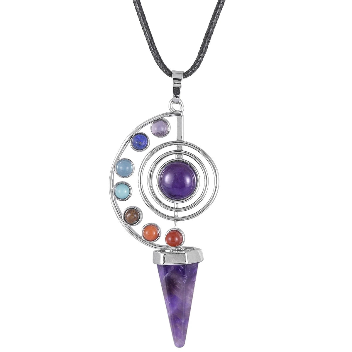 Healing 7 Chakra Natural Crystal Amethyst Rose Quartz Pendulum Yoga Hexagonal Cone Pendulums Pendant Necklace For Dowsing
