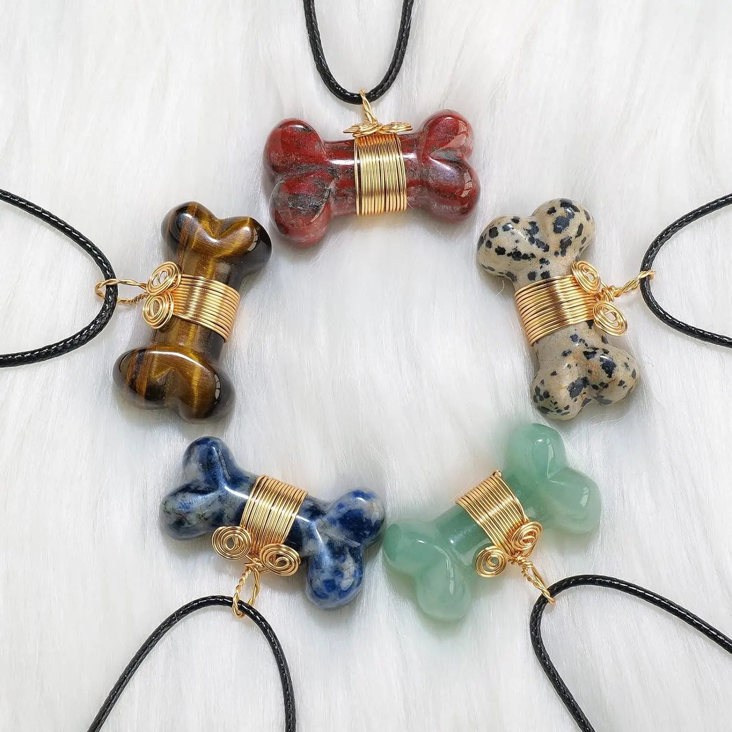 Natural Crystal Dog Bone Pendant Necklace | Multi-Color Handcarved Gemstone Necklace with Black Cord