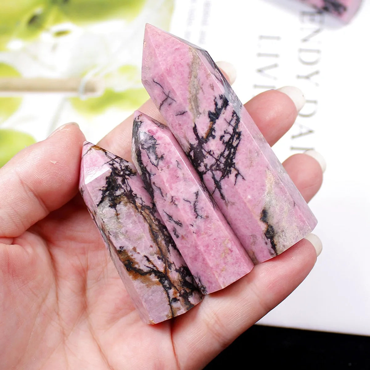 Natural Rhodonite Crystal Point Tower Polished Hexagonal Obelisk Wand for Home Decor Meditation Crystal Collection Gift