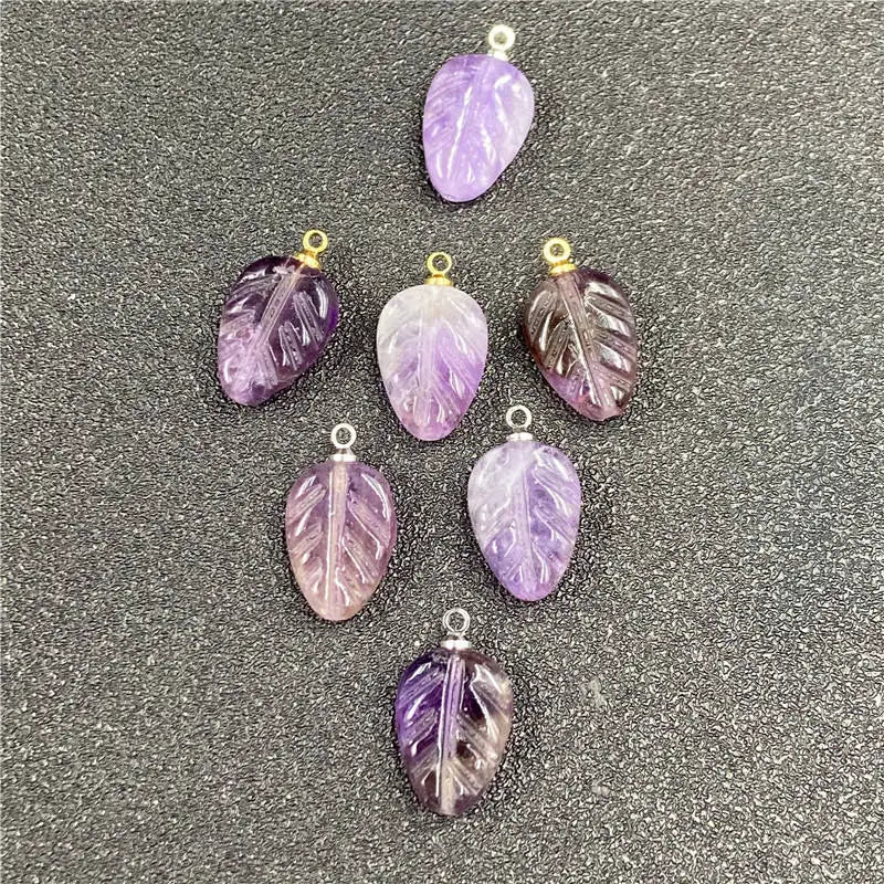 Hand Carved Natural Crystal Leaf Pendant Charms, Mixed Amethyst Rose Quartz Yellow Jade Tree Leaf Gemstone Beads for DIY Necklace Jewelry Making Findings