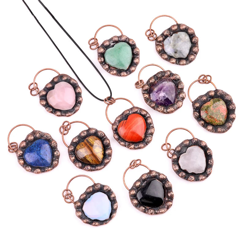 Retro Copper Natural Stone Heart Pendant for Making Jewelry