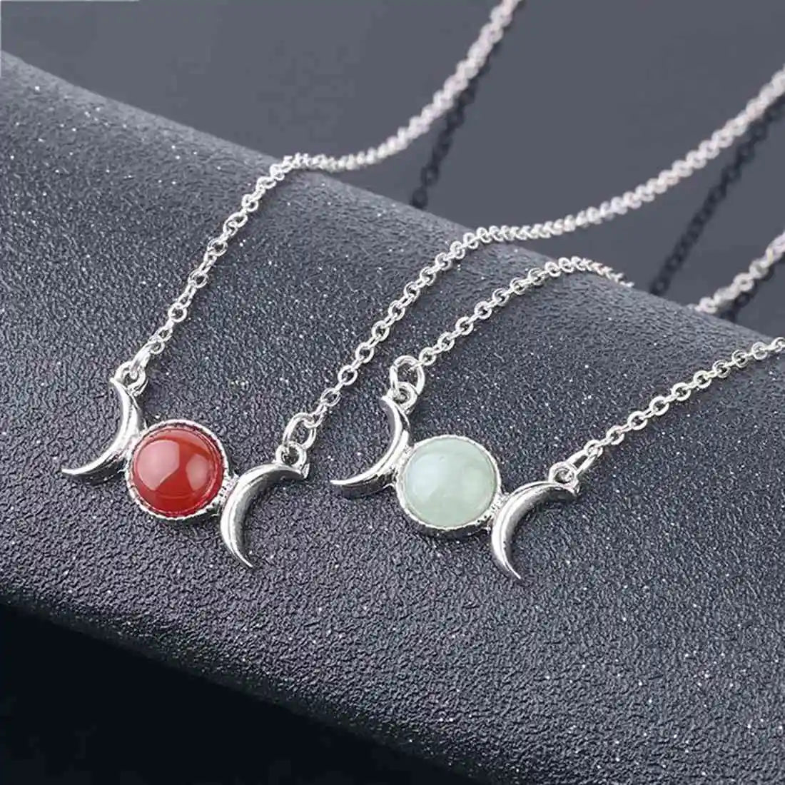 Triple Moon Goddess Natural Crystal Necklace, Silver Plated Triple Crescent Moon Pendant Round Cabochon Gemstone Necklace Reiki Chakra Healing Wicca Spiritual Jewelry for Women