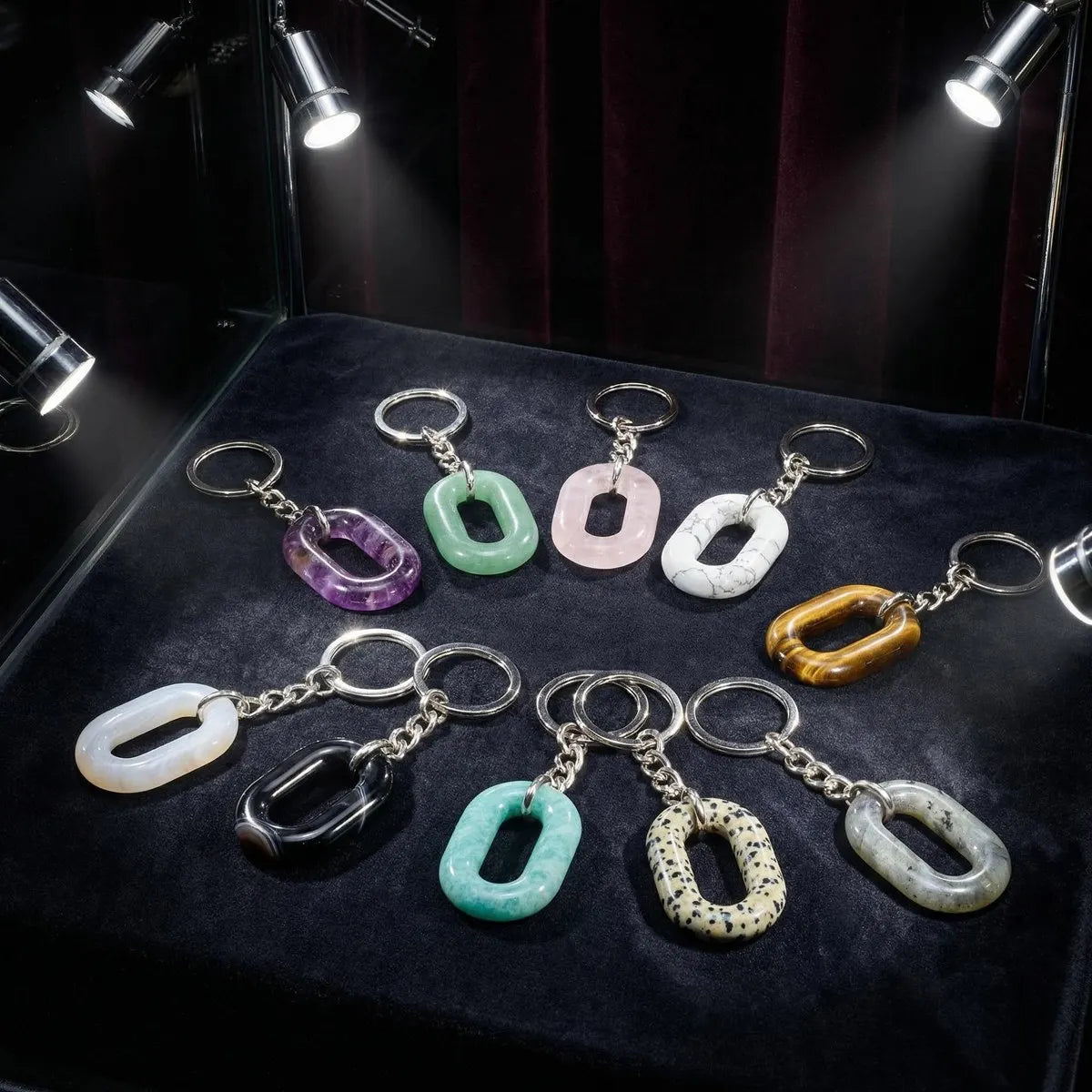 Minimalist Oval Hollow Crystal Keychain, Natural Gemstone Geometric O-Shape Loop Key Ring, Vintage Stone Car Key Charm Accessory for Men & Women