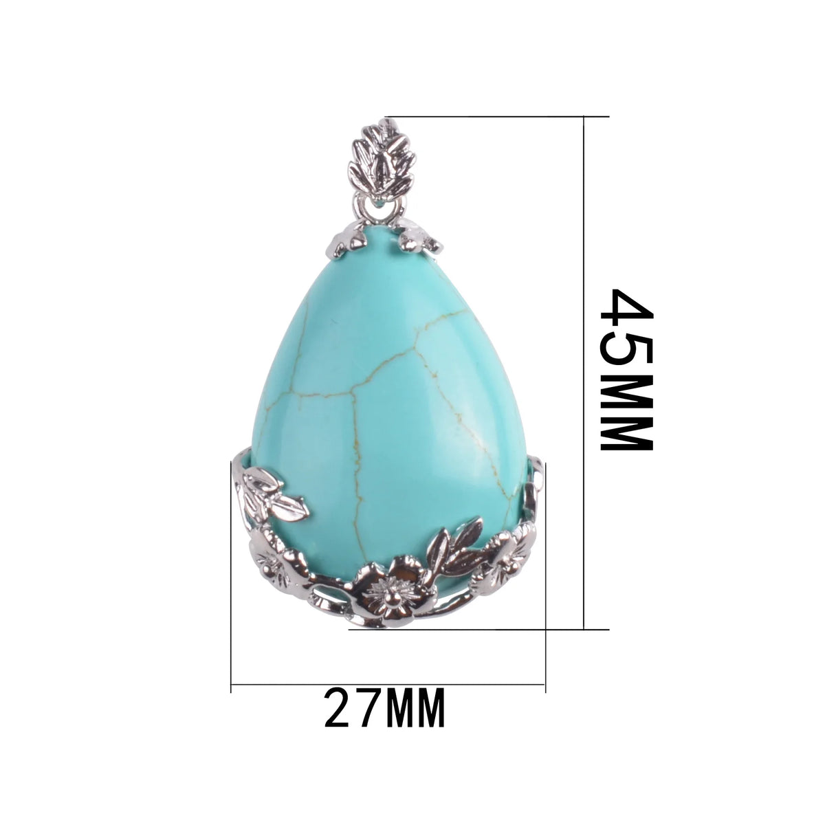 Teardrop Natural Gemstone Pendant, Silver Floral Leaf Wrapped Stone Charm, 45x27mm Pear Shape Crystal Pendant, Boho Reiki Healing Necklace Jewelry