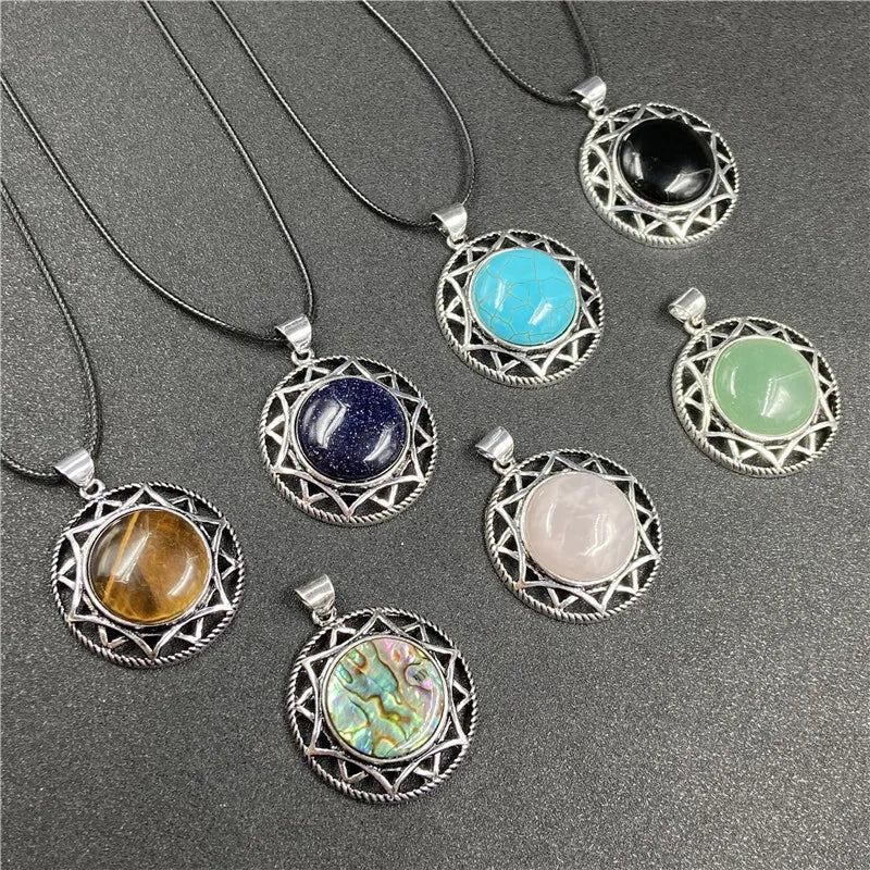 Vintage Six-Pointed Star Openwork Pendant Inlaid Natural Gemstone, Abalone Shell Tiger Eye Rose Quartz Cabochon Antique Silver Spiritual Crystal Necklace for Women