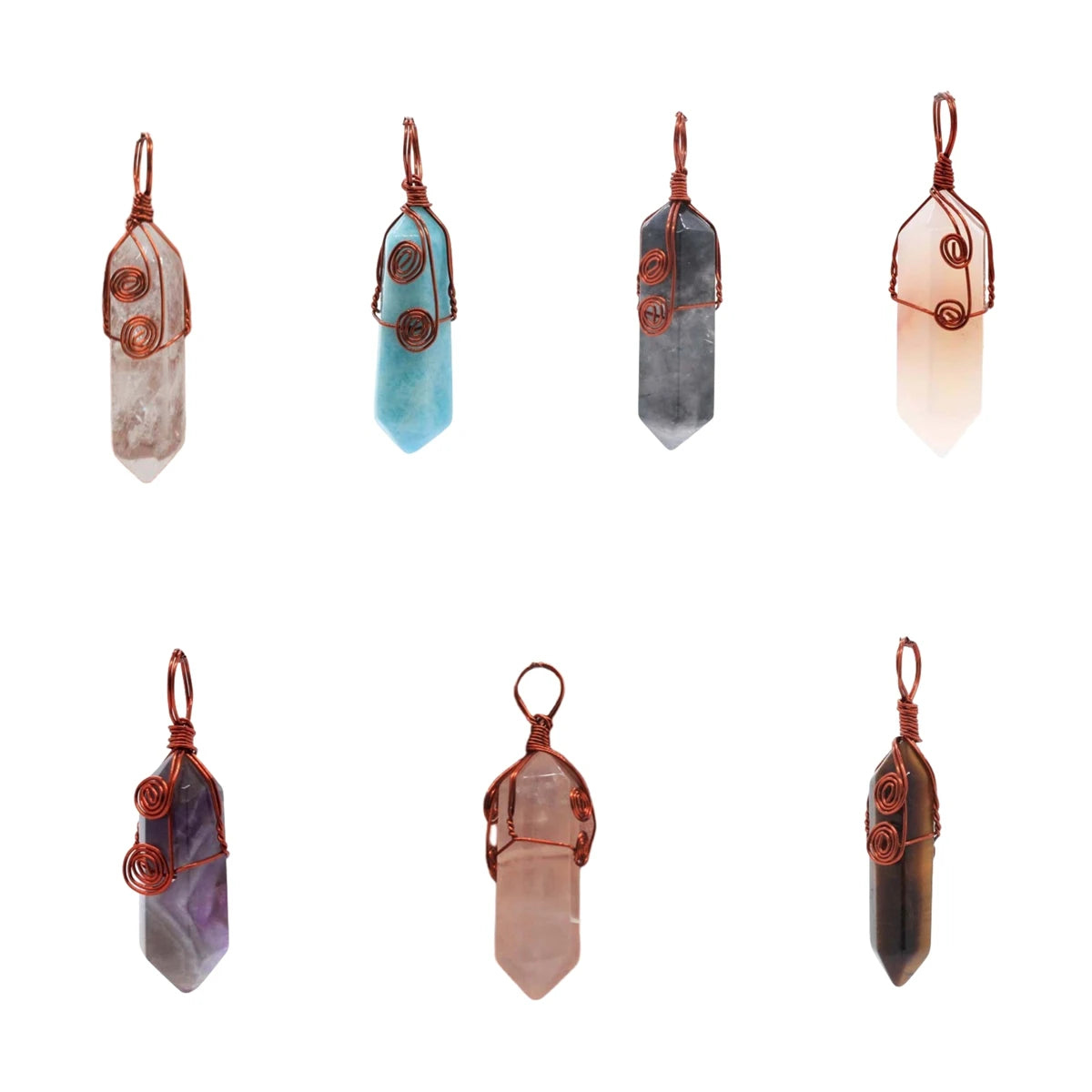 Natural Crystal Hexagonal Point Pendant • Copper Wire Wrapped Double Spiral Crystal Charm • Healing Chakra Gemstone Jewelry Making Accessory