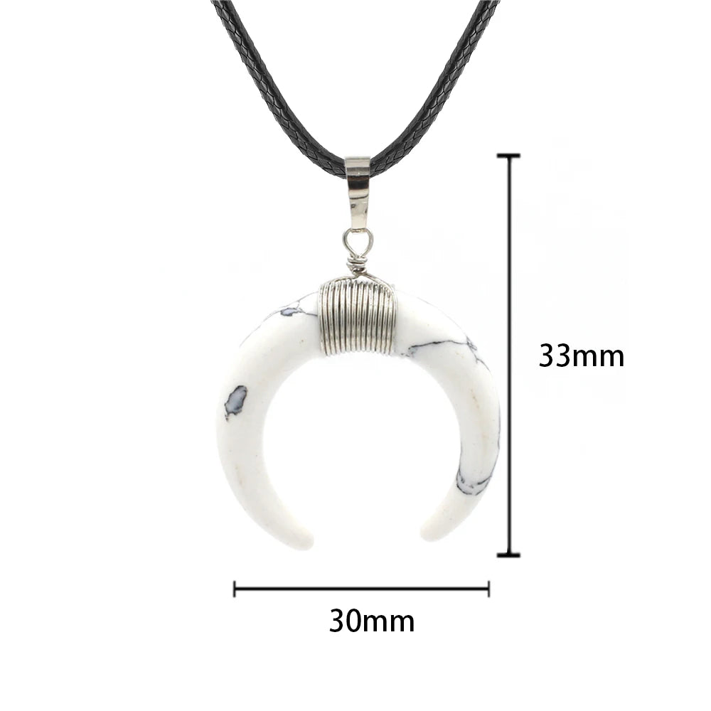 Natural Crystal Double Horn Crescent Moon Pendant, Wire Wrapped Cattle Horn Shape Stone Pendant 33x30mm, Healing Reiki Gemstone Necklace Pendant with Leather Cord for Jewelry Making Boho Gift