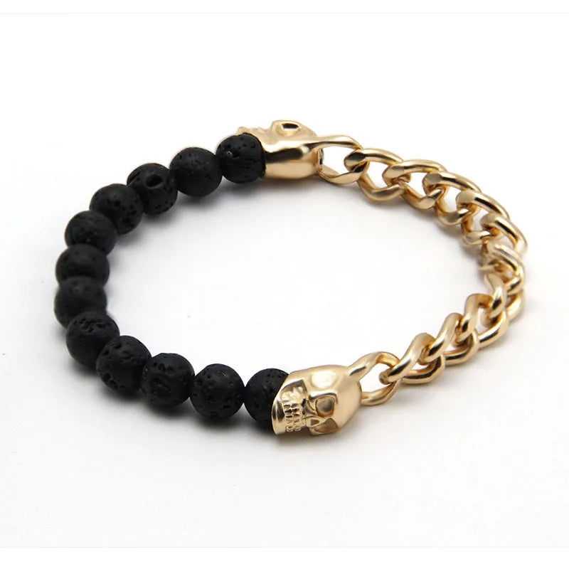 Men Gothic Skull Lava Rock Bracelet Half Chain Half Bead Magnetic Clasp Bracelet Punk Gun Black Alloy Wrist Jewelry for Guys