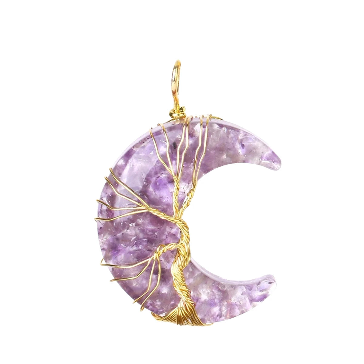 Celestial Wire Wrapped Tree of Life Moon Necklace • Resin Crystal Chip Crescent Charm • Goddess Wiccan Spiritual Healing Jewelry Gift