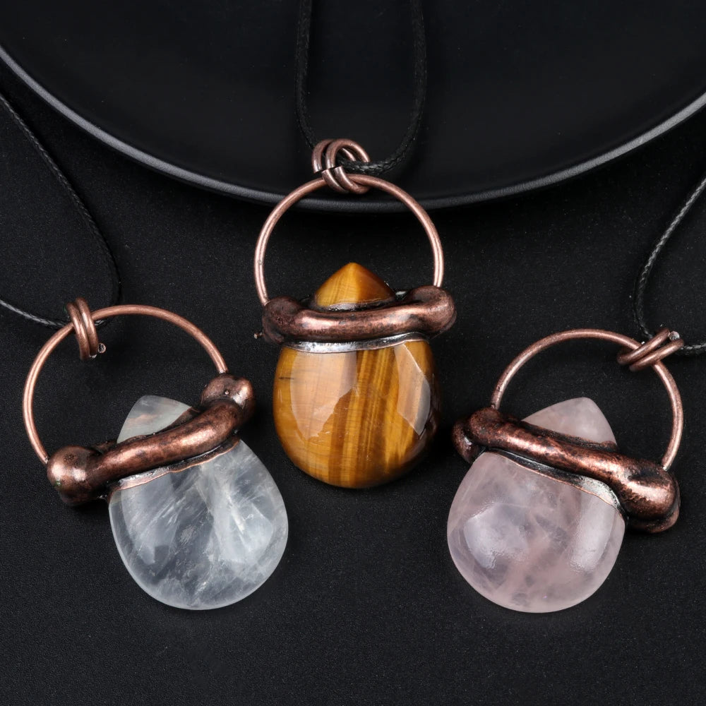 Boho Elven Crystal Waterdrop Necklace - Antique Red Copper Wrapped Genuine Healing Gemstone Pendant Gift for Women Men