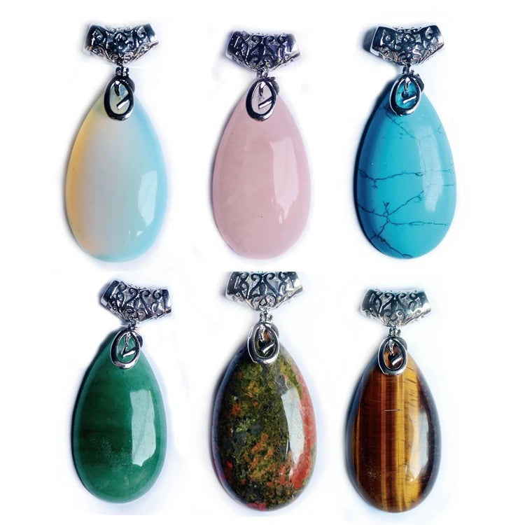 Silver Filigree Cap Natural Teardrop Gemstone Pendant, Water Drop Chakra Healing Crystal Charm for DIY Necklace Making