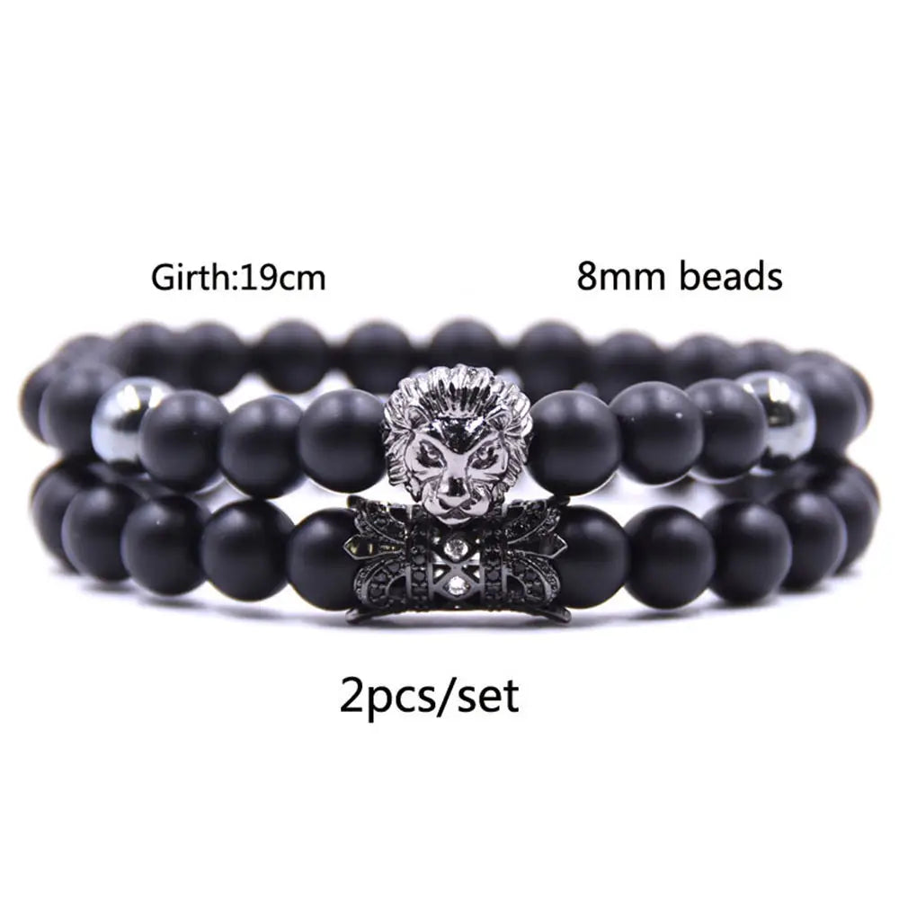 Luxury Matte Black Agate Stone Bead Bracelet Set - 8mm Couples Distance Friendship Bracelets with Silver Lion Head & Crown Charms