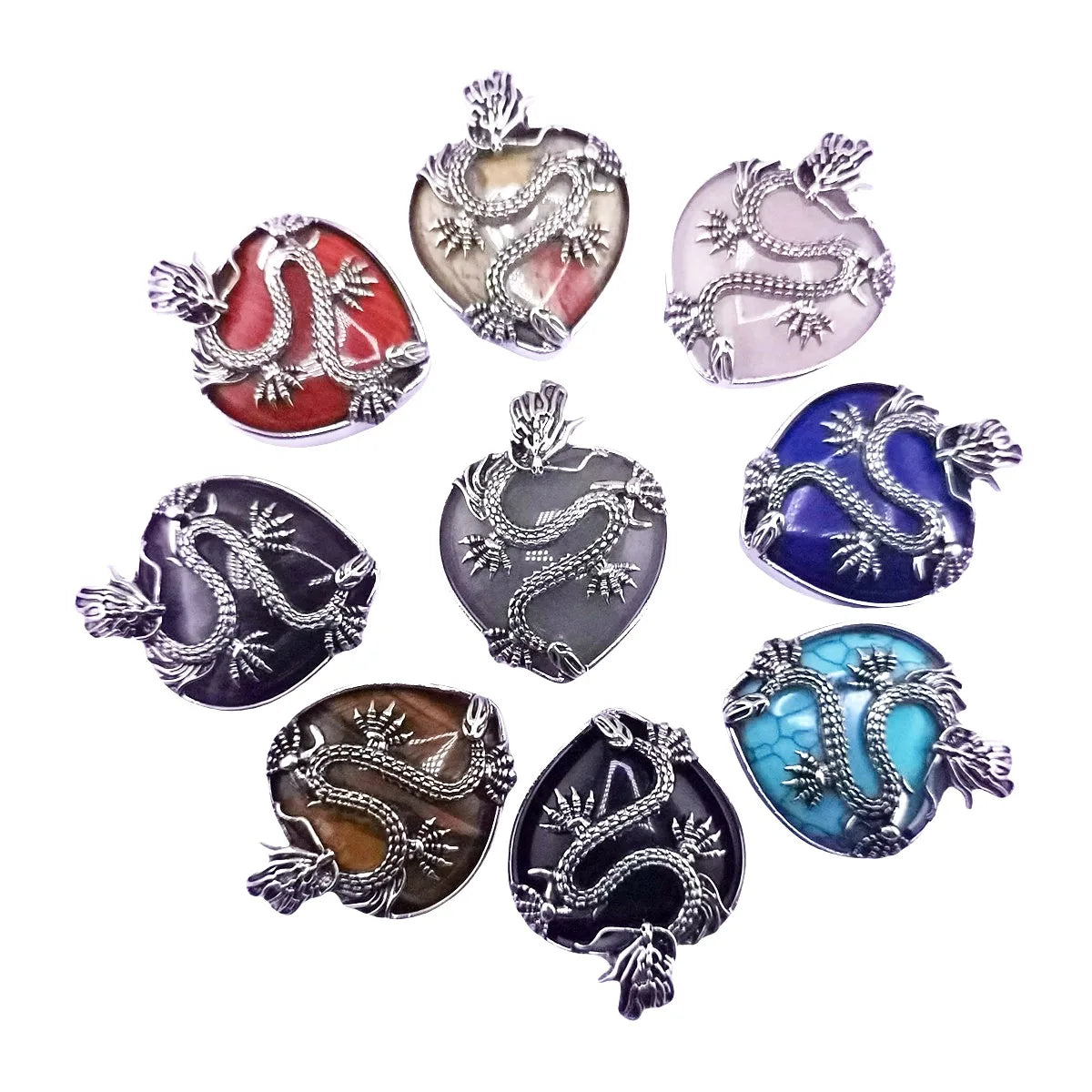 43×32mm Antique Silver Dragon Heart Pendant | Natural Gemstone Gothic Charm for DIY Jewelry