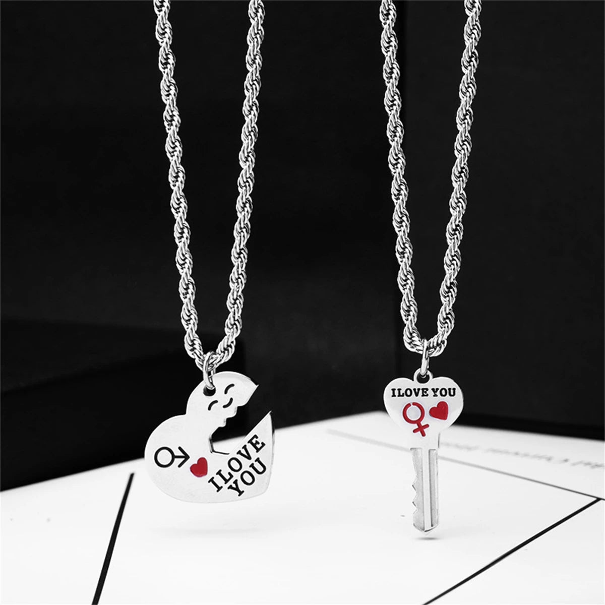 Matching Couple Necklaces, Heart & Key Puzzle Pendant Set, Stainless Steel "I LOVE YOU" Valentine’s Day Gift