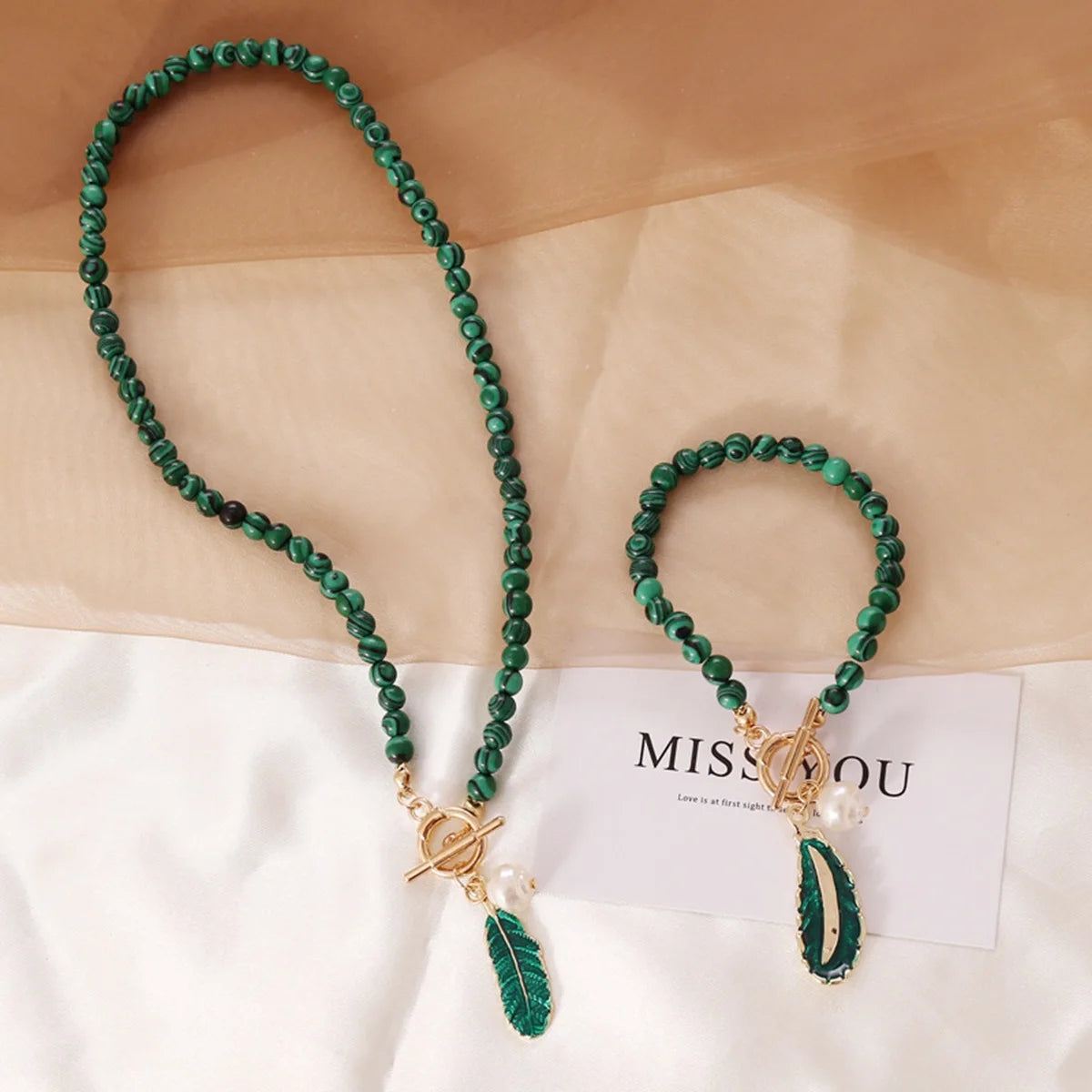 Vintage Green Malachite Bracelet Freshwater Pearl & Leaf Pendant Toggle Bracelet Elegant Bridal Party Stacking Jewelry Gift