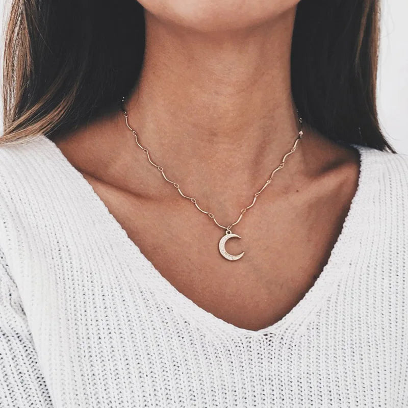 Diamond Moon Pendant Necklace neck chain collarbone sweater chain Women Hammered Coin Full Karma Circle New Crescent Moon