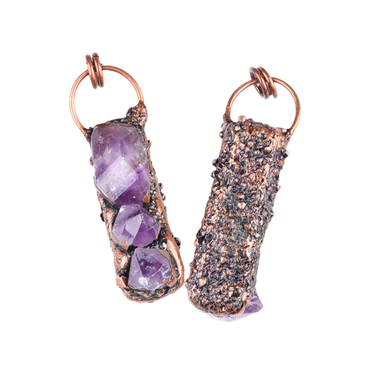 Antique Copper Amethyst Pendant | Natural Stacked Raw Crystal Necklace with Black Cord