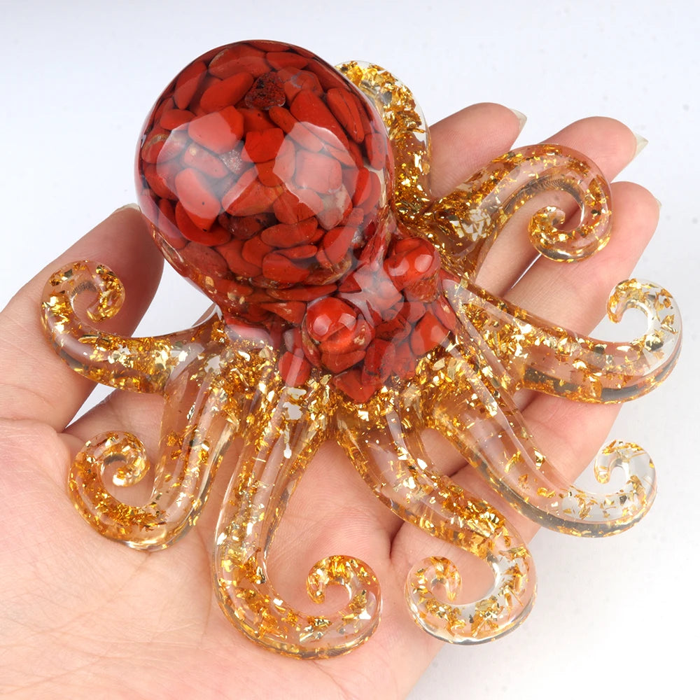Resin Octopus Ornament with Natural Red Stone Chips | 10cm Gold Foil Octopus Decor for Home Desk
