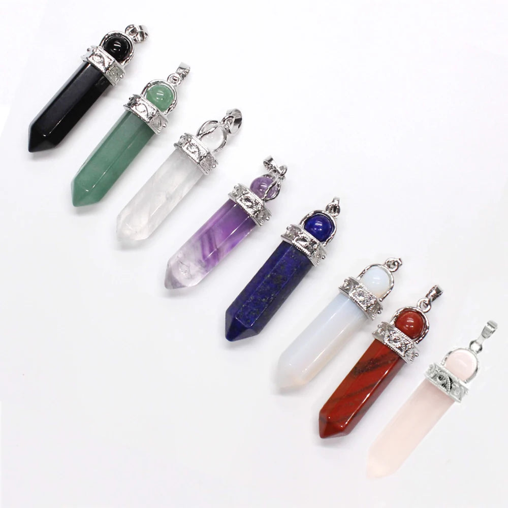 Natural Crystal Hexagonal Point Pendant, Chakra Stone Bead Top Double‑Stone Necklace Charm Reiki Healing Crystal Pendant for Jewelry Making